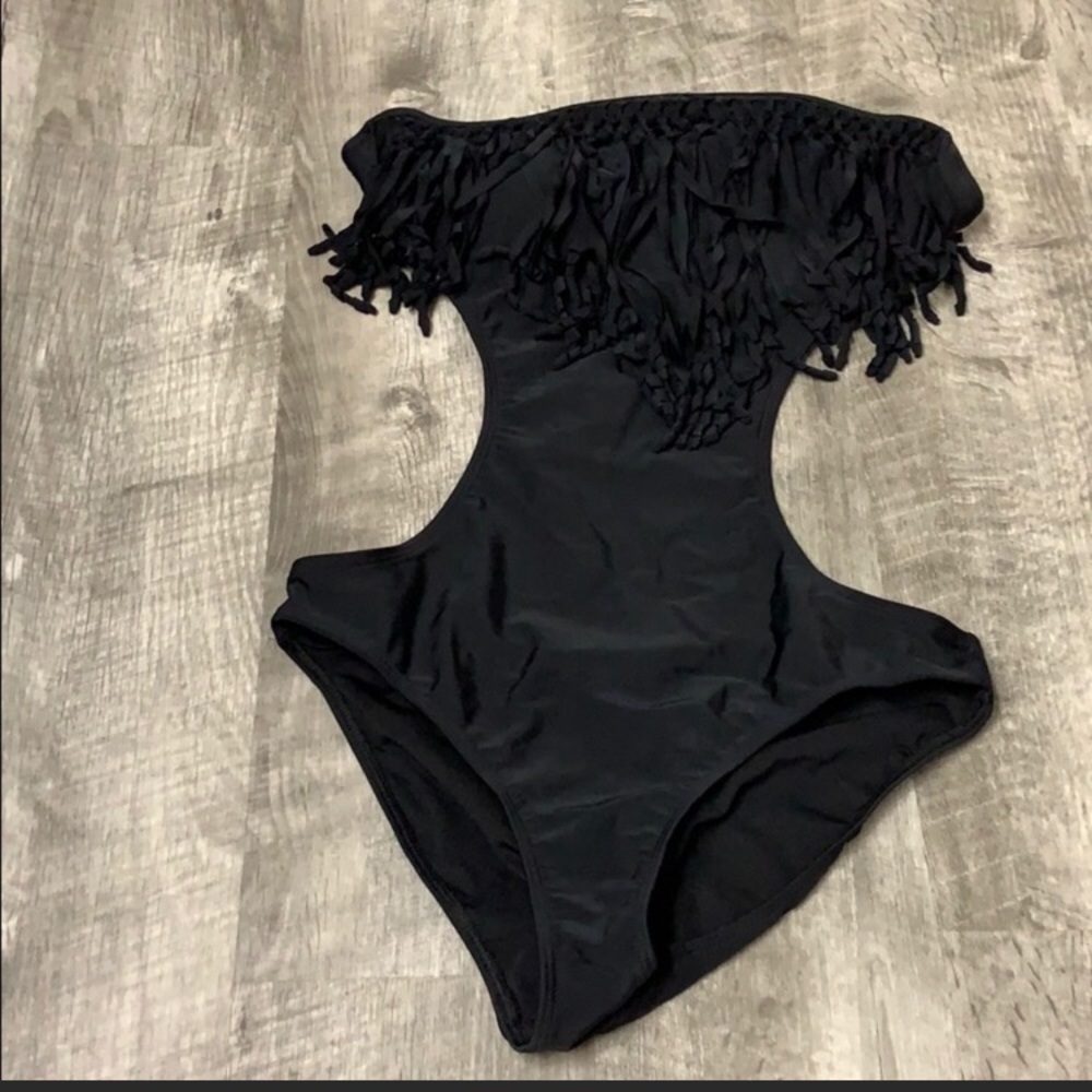 Black fringe strapless one piece NEVER WORN